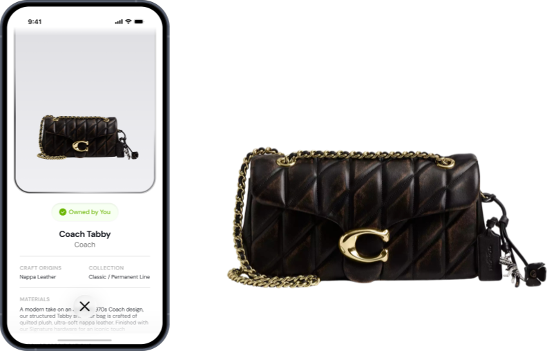 A handbag beside its Veritas product passport open on a phone