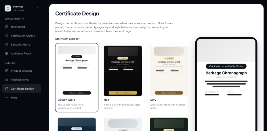 The Veritas brand portal, choosing a certificate design preset
